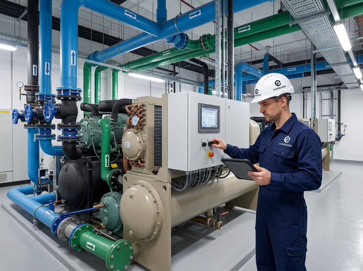 Técnico EXPROSER inspeccionando sistema de climatización industrial